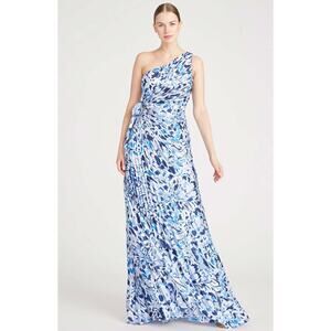 B44 Monique Lhuillier Pleated One Shoulder‎ Maxi Dress 2 Floral Wedding Gala